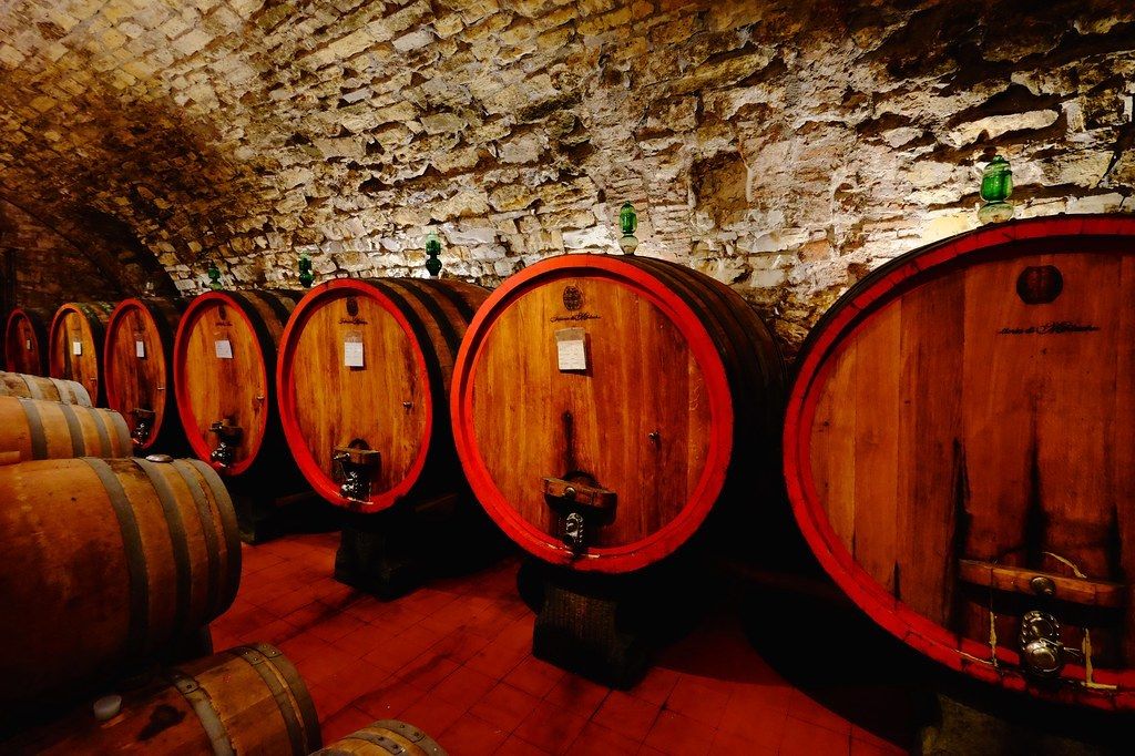Large oak casks in a Chianti cellar
