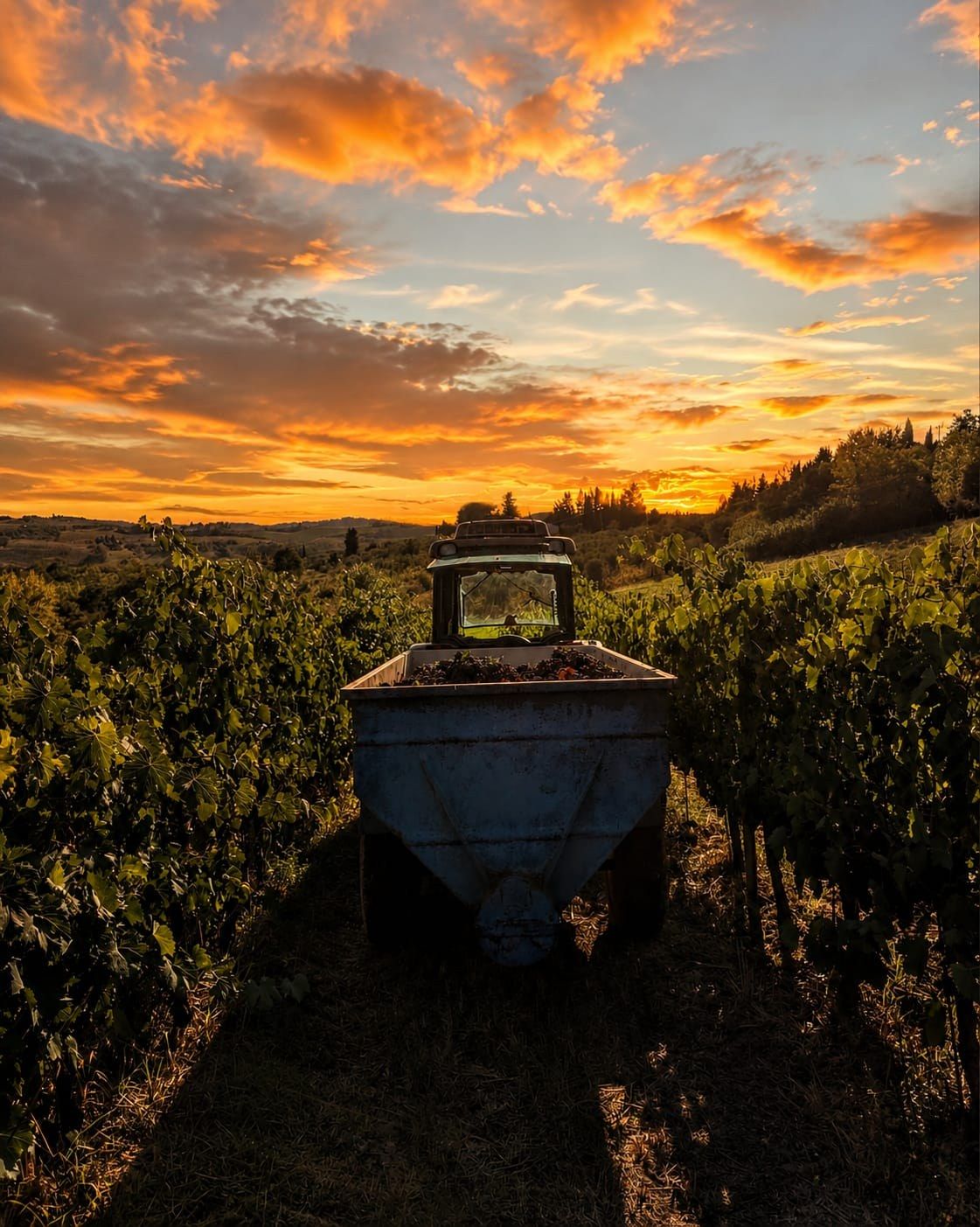 Rimorchio carico d'uva tra i filari al tramonto